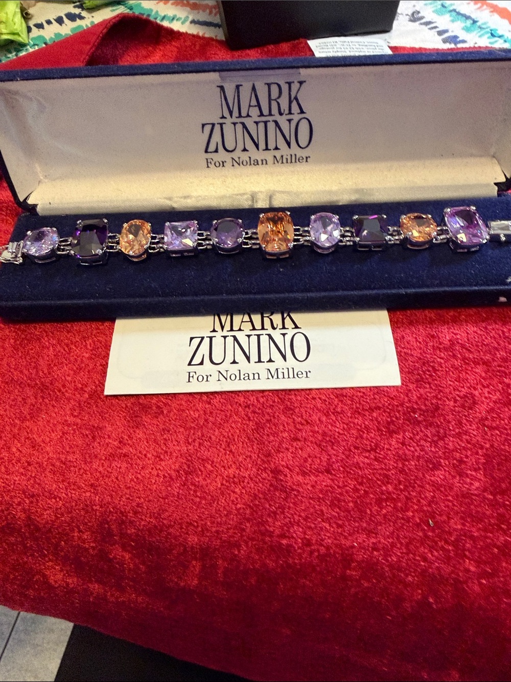 NEW Mark Zunino for Nolan Miller silver tone Purple andPeach Crystal Bracelet